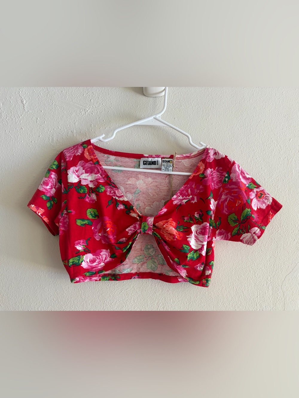 Gitano Red Floral Tie-Front Crop Top with Green Accents